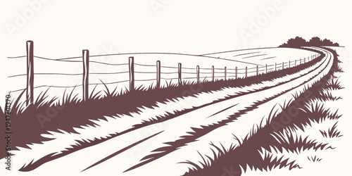 A brown illustration of a railroad track with a fence Vector