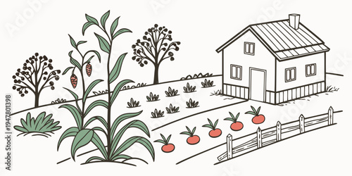A farm with a house and a garden with corn and tomatoes Vector