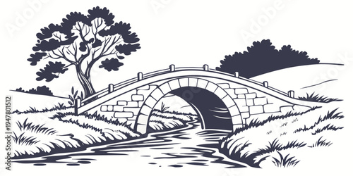 A stone bridge over a stream with a tree Vector