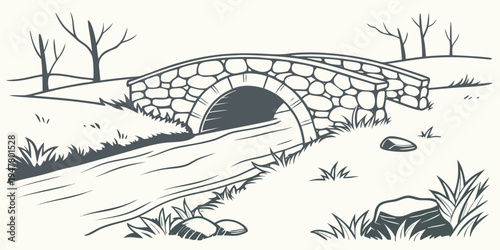 A stone bridge over a small stream in a rural landscape Vector