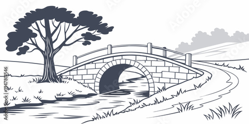 A stone bridge with a tree next to it Vector