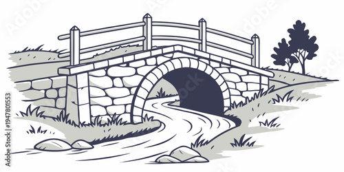 A stone bridge over a stream with a tree Vector