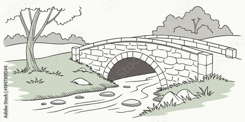 A stone bridge over a stream in a rural landscape Vector