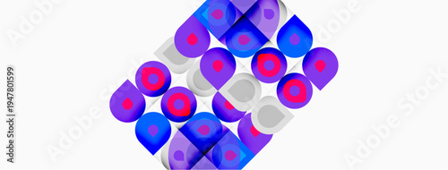 Abstract geometric pattern. Squares contain circles, pink and blue hues dominate design. Minimalist aesthetic, clean lines present.