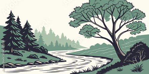 A serene landscape with a winding river and trees Vector