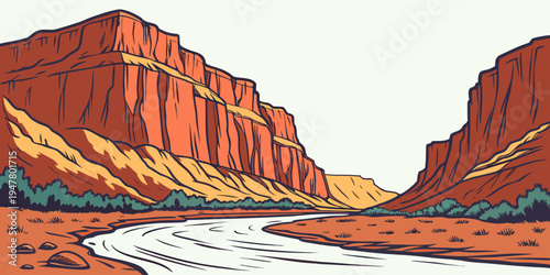 A red rock canyon with a river running through it Vector