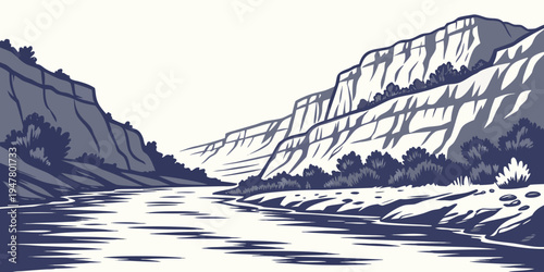A river runs through a valley between two mountains Vector