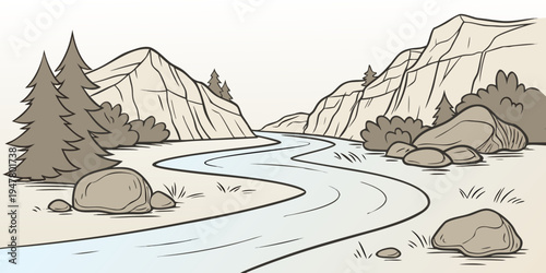 A river flowing through a mountainous landscape with trees and rocks Vector