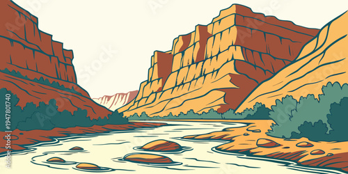 A river runs through a canyon with mountains Vector