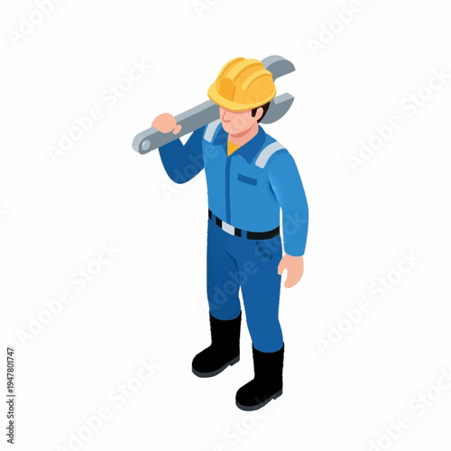 Isometric illustration of a worker with a wrench on his shoulder.