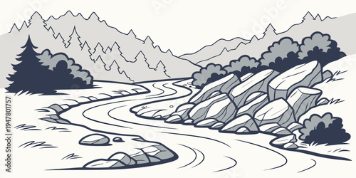 A black and white drawing of a mountain stream Vector