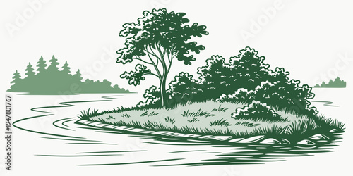 A small island with trees in the middle of a body of water Vector