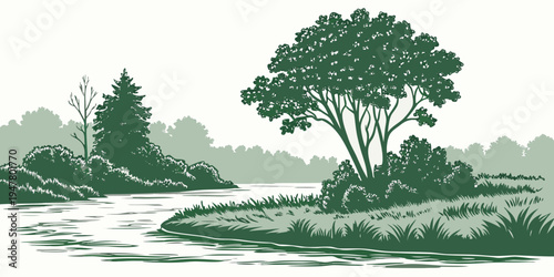 A serene landscape with a tree on an island in a river Vector