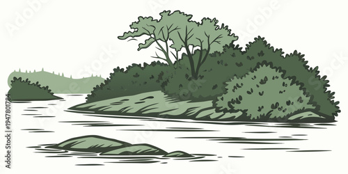 A small island with trees and bushes in the water Vector