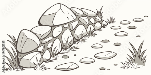 A pile of rocks on the ground with some grass Vector
