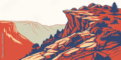 A red and blue rocky cliffside landscape Vector
