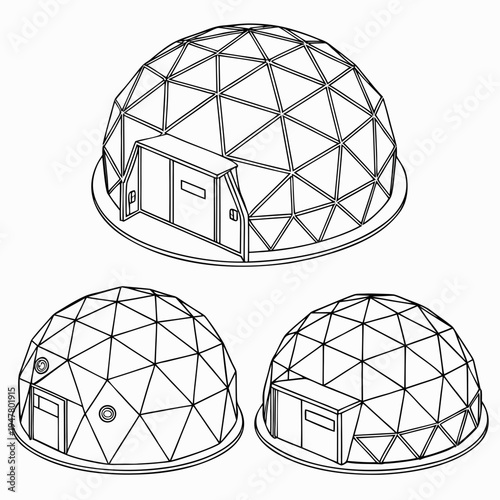 Vector illustration icons of geodesic dome structures in various stages of complexity on a white background