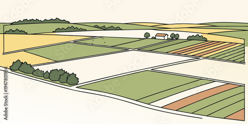 A farm with fields and a house in the distance Vector
