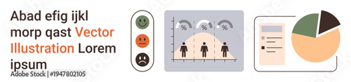 Data presentation, emotional analysis, statistical tracking, business metrics, research insights, survey details. Pie chart, emotional icons and statistical graph and text layout . Data presentation