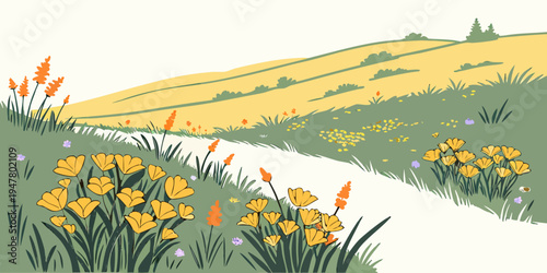 A field of yellow and orange flowers next to a path Vector