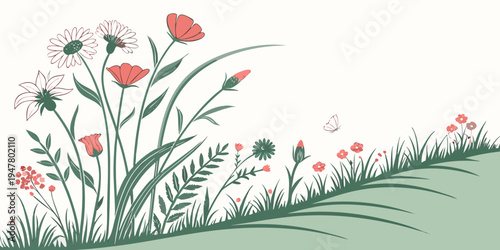 A bunch of flowers on a green hillside Vector