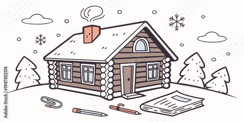 A house in the snow with tools and a mattress outside Vector