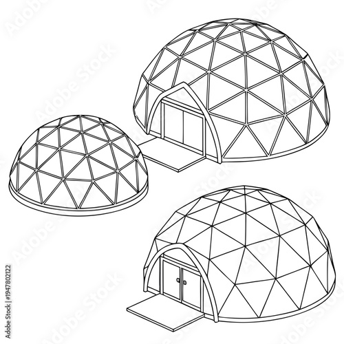 Vector illustration icons of geodesic dome structures in various stages of complexity on a white background