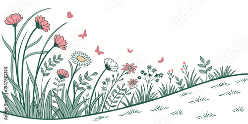 A group of flowers and butterflies on a hill Vector