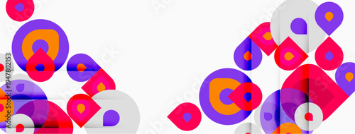 Abstract colorful circles, squares overlap white background. Modern design, vibrant hues create dynamic composition.