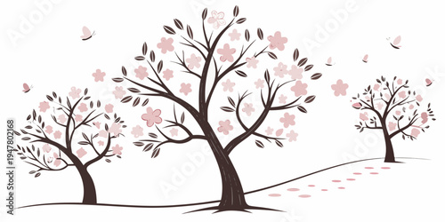 A group of trees with pink blossoms blowing in the wind Vector