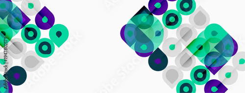 Abstract geometric pattern. Overlapping circles, squares, rectangles create dynamic composition. Teal, purple, gray hues dominate design.