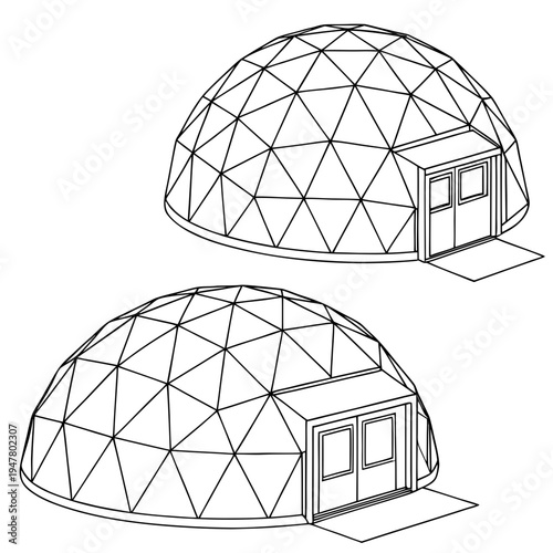 Vector illustration icons of geodesic dome structures in various stages of complexity on a white background
