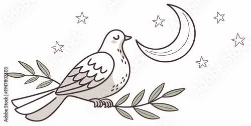 A bird sitting on a branch next to a crescent moon Vector