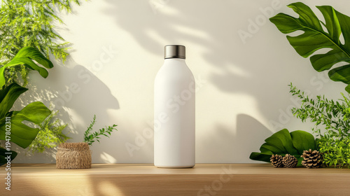 Minimalist reusable water bottle with eco friendly design wooden table, surrounded by green