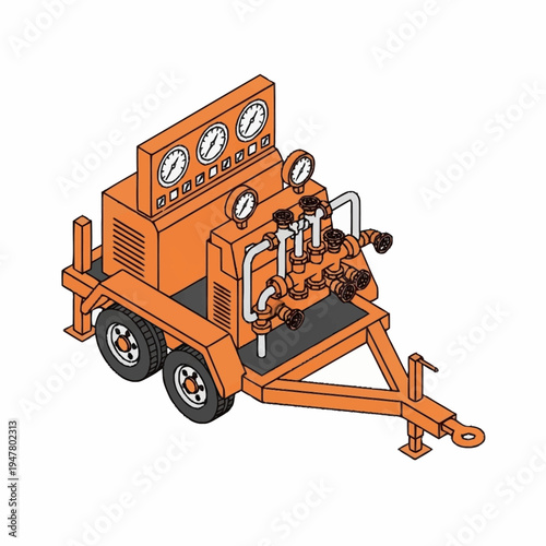 Orange industrial trailer-mounted pressure testing unit with gauges and valves.
