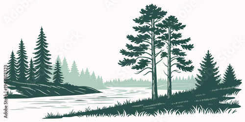 A serene landscape with trees and a body of water Vector
