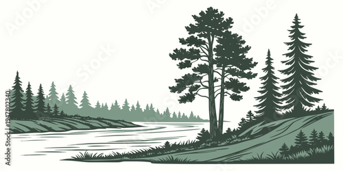 A serene landscape with a lake and pine trees on a hill Vector