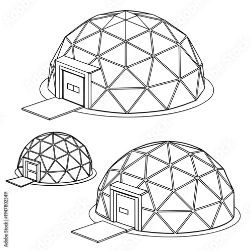 Vector illustration icons of geodesic dome structures in various stages of complexity on a white background