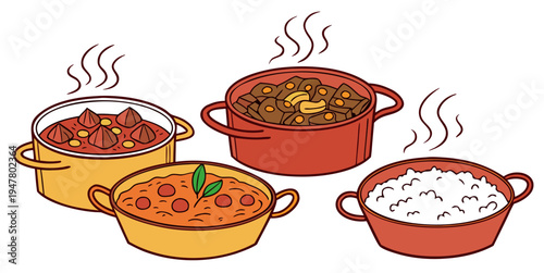Four pots of food with steam rising Vector