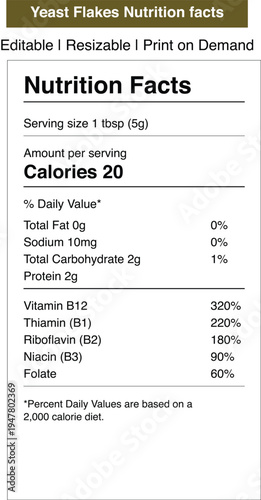 Yeast flakes nutrition facts label