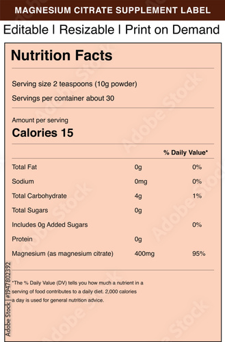 Magnesium citrate supplement nutrition label