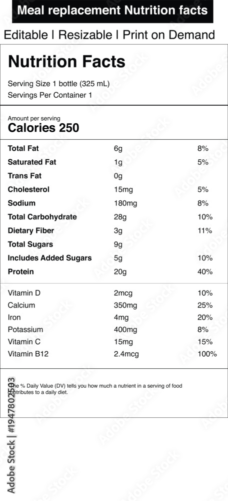 Fototapeta premium Nutrition facts table with meal replacement information
