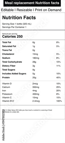 Nutrition facts table with meal replacement information