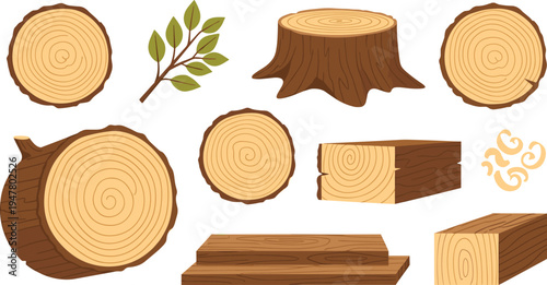Wood Log and Tree Trunk Slice Vector Set with Timber Stump Plank Branch and Lumber Elements for Natural Rustic Design