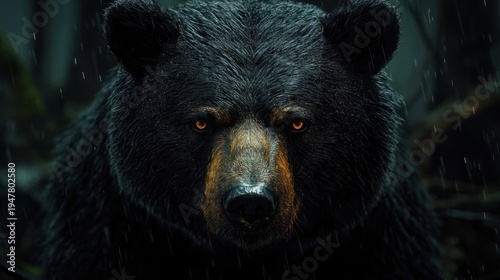 Wet black bear close-up with glowing amber eyes staring intensely in the rain in a dark forest