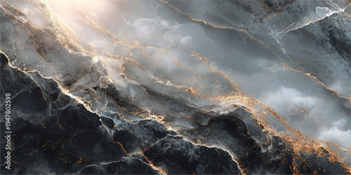 Dramatic storm clouds break over an icy alpine landscape where frozen icicles cling to the roof and snow while the sun lights a misty mountain peak reflecting in the dark river water