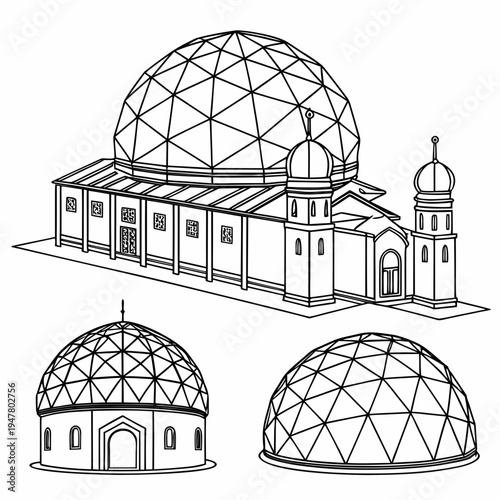 Vector illustration icons of geodesic dome structures in various stages of complexity on a white background