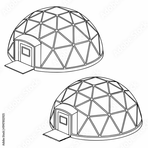 Vector illustration icons of geodesic dome structures in various stages of complexity on a white background