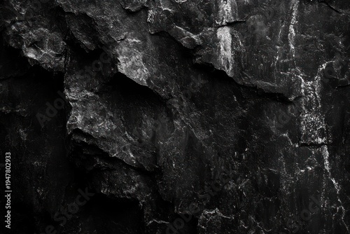 Dark jagged rock cliff face with deep cracks and white mineral streaks, moody dramatic textured stone surface