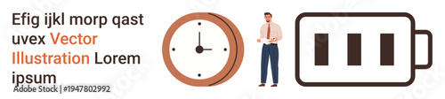 Productivity, time tracking, energy conservation, business planning, workflow optimization, goal setting. Clock, battery symbol man holding a cup. Productivity and time tracking